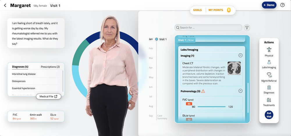 An Edocate case on a laptop: the virtual patient, her labs and imaging, and the actions the HCP can take