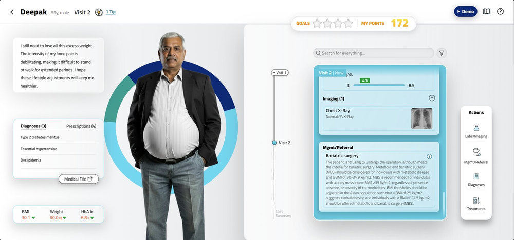 An Edocate case on a laptop: a patient with type 2 diabetes, the medical file and the actions the HCP can take